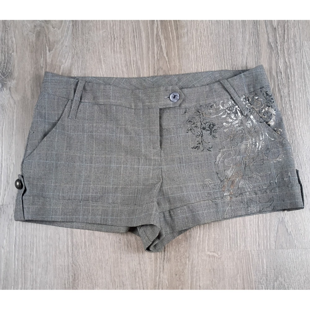 Fang Y2K Plaid Short Shorts Size 9 Metallic Floral Embellished McBling 2000s